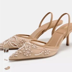 Zara Tan Embroidered Slingback Heels